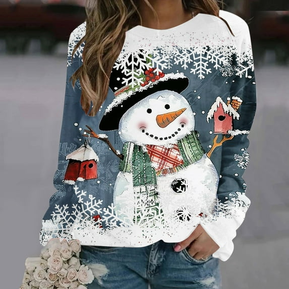 Jsaierl Christmas Sweatshirt for Women Funny Xmas Snowman Graphic Tops Christmas Ugly Sweater Pullover Holiday Shirt Merry Christmas Sweatshirts
