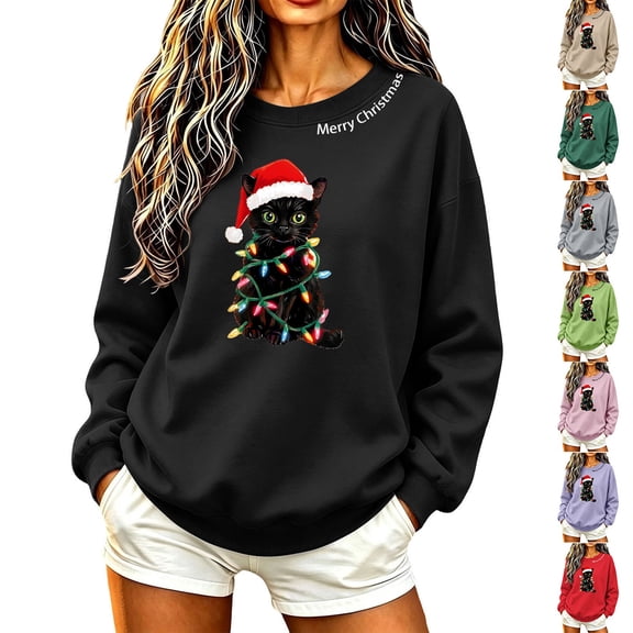 Jsaierl Christmas Sweatshirts Women Cute Cat Print Sweatshirt Cotton Soft Pullover Round Neck Xmas Long Sleeve Tops S-2XL