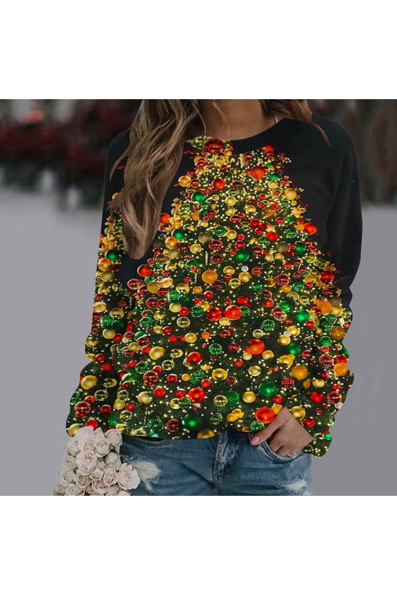 Christmas Sweatshirts for Women Funny Christmas Print Sweatshirt Loose Fit Pullover Sweater Tops Crewneck Holiday Long Sleeve Shirts Christmas Clothes