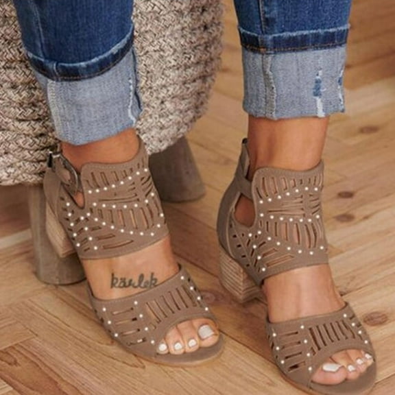 Jsaierl Chunky Heel Sandals for Women Casual Summer Peep Toe Sandals Comfortable Hollow Out Sandals Fashionable Beach Sandal Size 7.5