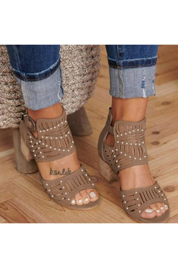Chunky Heel Sandals for Women Casual Summer Peep Toe Sandals Comfortable Hollow Out Sandals Fashionable Beach Sandal Size 7.5