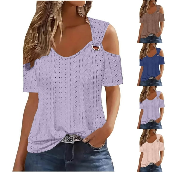 Jsaierl Cold Shoulder Tops for Women 2025 Casual Summer Eyelet Tunic Shirts Short Sleeve V Neck Boho Blouses