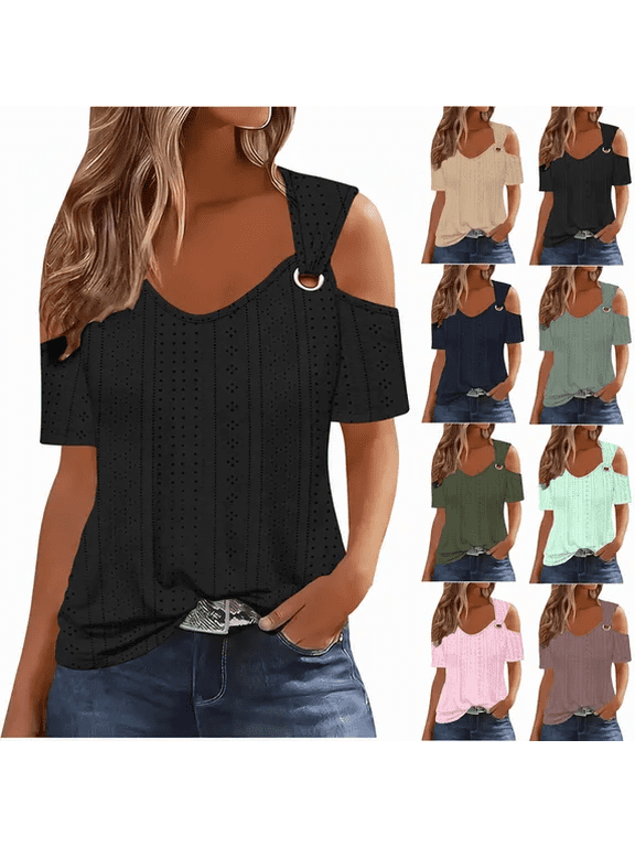 Women's Plus Size Tops Cold Shoulder Summer Eyelet Tunic Blouse Casual Short Sleeve Going Out Ladies Shirts