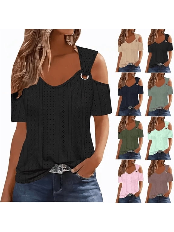 Women's Plus Size Tops Cold Shoulder Summer Eyelet Tunic Blouse Casual Short Sleeve Going Out Ladies Shirts