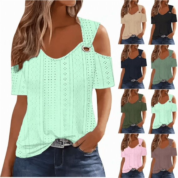 Jsaierl Women's Plus Size Tops Cold Shoulder Summer Eyelet Tunic Blouse Casual Short Sleeve Going Out Ladies Shirts
