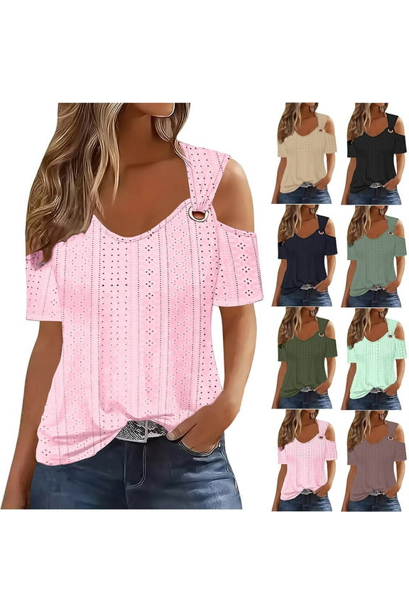 Cold Shoulder Tops for Women 2025 Summer Hollow Out Eyelet Short Sleeve T Shirts Going Out Blouses Ladies Tunic