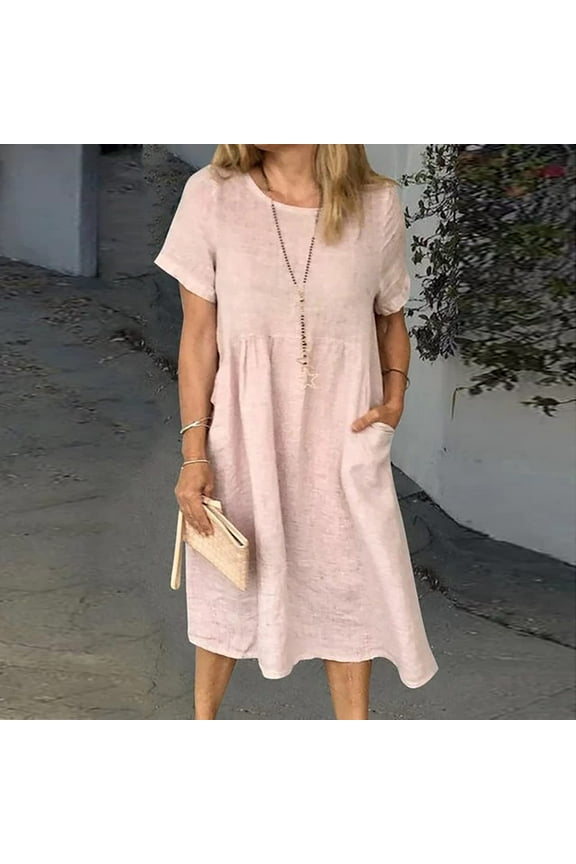 Cotton Linen Dresses Women Casual Summer Short Sleeve Maxi Dress Cute Solid Color Crewneck Dress Vacation Soft Dresses 2025