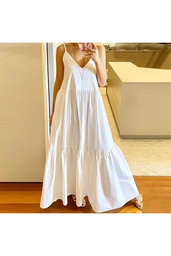 Cotton Linen Dresses Women Summer Casual Sleeveless Maxi Dress Loose Fit Solid Color V Neck Dress Bohemian Soft Dresses 2024