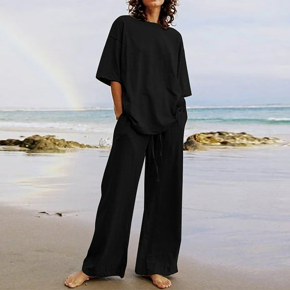 Jsaierl Cotton Linen Sets for Women 2 Piece Outfits Summer Loose 3/4 Sleeve Oversized Top and Wide Leg Pants Sets Loungewear