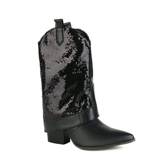 Jsaierl Cowboy Boots for Women - Cowgirl Western Mid Calf Boots, Pointed Toe Retro Chunky Heel Slip On Fashion Classic Short Boots Pull On for Ladies Summer Fall