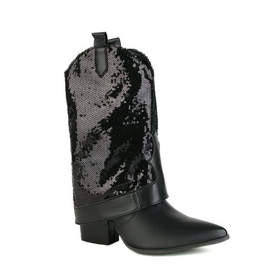 Jsaierl Cowboy Boots for Women - Cowgirl Western Mid Calf Boots, Pointed Toe Retro Chunky Heel Slip On Fashion Classic Short Boots Pull On for Ladies Summer Fall