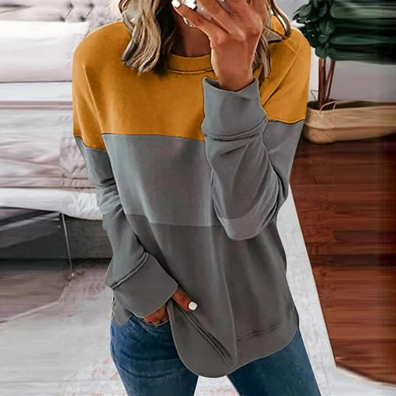 Jsaierl Crew Neck Sweatshirts Women Loose Fit Color Block Graphic Sweatshirt Oversized Fall Top Dressy Casual Long Sleeve Side Split Sweatshirt