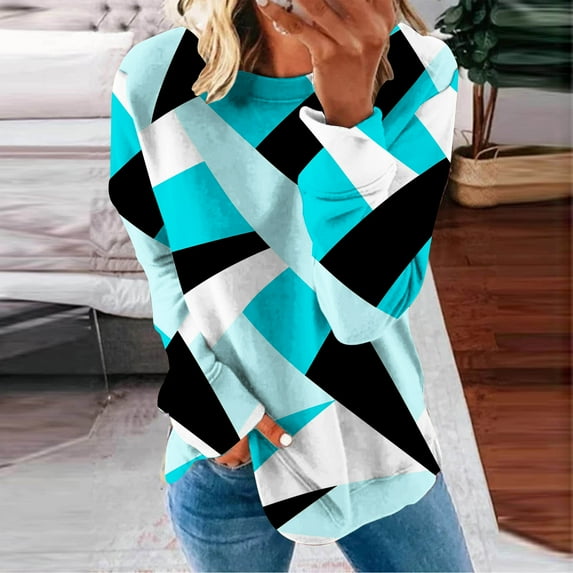 Jsaierl Crew Neck Sweatshirts for Women Plus Size Color Block Graphic Sweatshirt Top Long Sleeve Lightweight Fall Clothes Sweatshirts