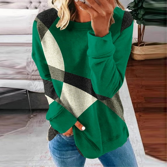 Jsaierl Crew Neck Sweatshirts for Women Plus Size Color Block Graphic Sweatshirt Top Long Sleeve Lightweight Fall Clothes Sweatshirts