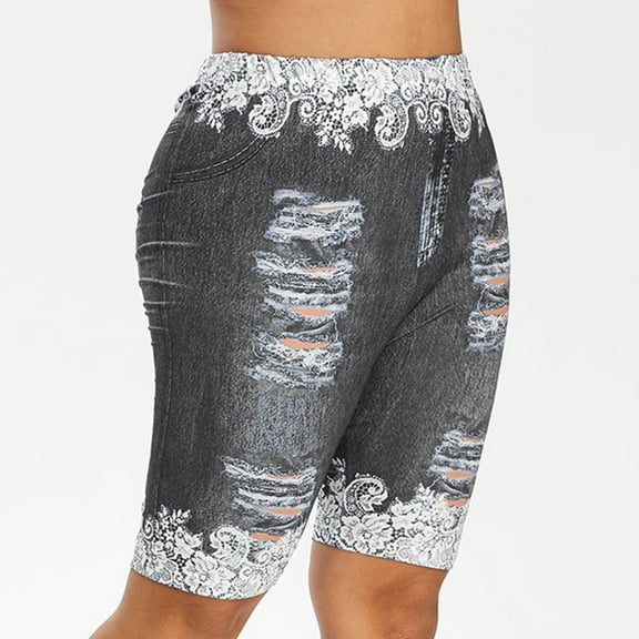 Jsaierl Fake Jean Shorts for Women Plus Size Stretchy Fake Denim Shorts Knee Length Butterfly Print Bermuda Shorts High Waist Plus Size Jeans Legging Tights