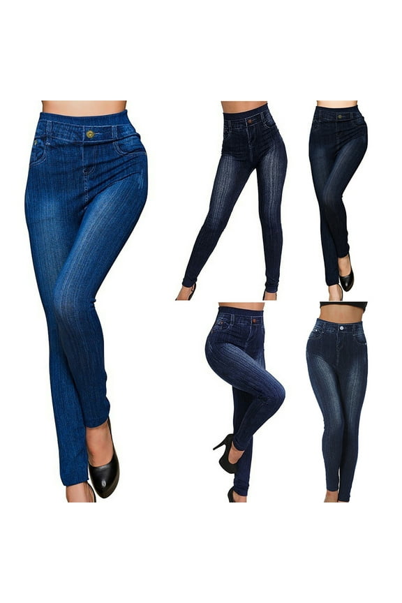 Faux Jeans Women Trendy Distressed Denim Pants Casual Work Ripped Pull On Denim Trousers Curvy Jegging with Pockets
