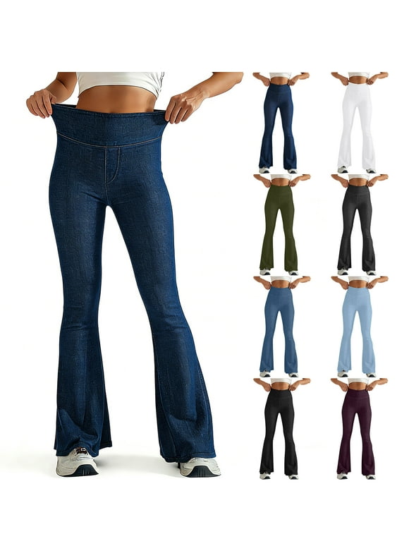 Flare Faux Jeans for Women High Waist Distressed Denim Pants Petite Work On Denim Trousers Curvy Jeggings