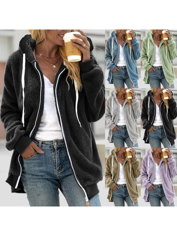 Fleece Jackets for Women Plus Size Fluffy Zip Up Hoodies Fuzzy Warm Sherpa Coat Winter Outerwear with Pockets