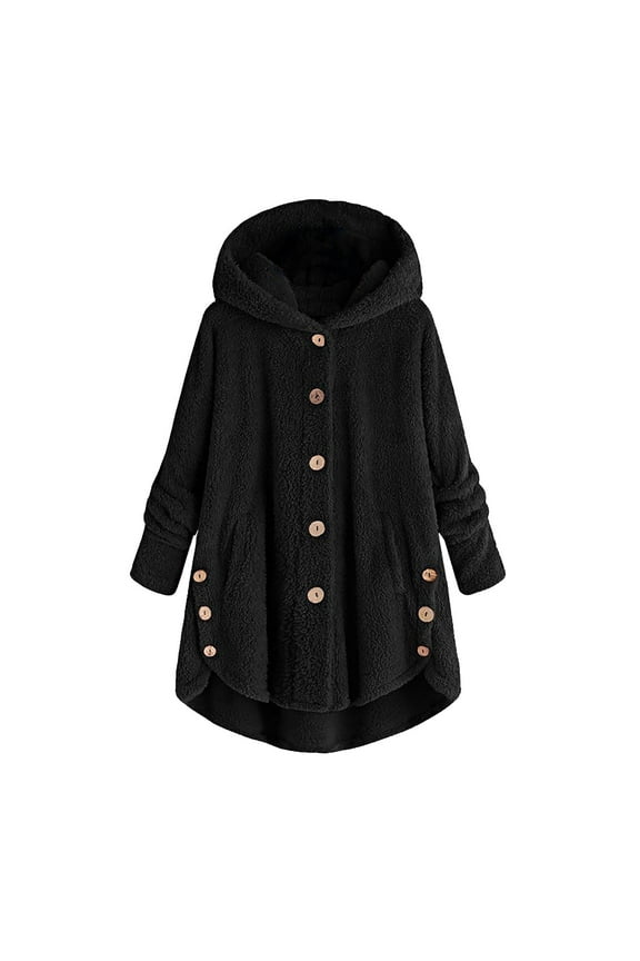 Fleece Jackets for Women Plus Size Warm Teddy Coat with Faux Fur Hood Warm Fuzzy Jackets Thick Fleece Lined Overcoat