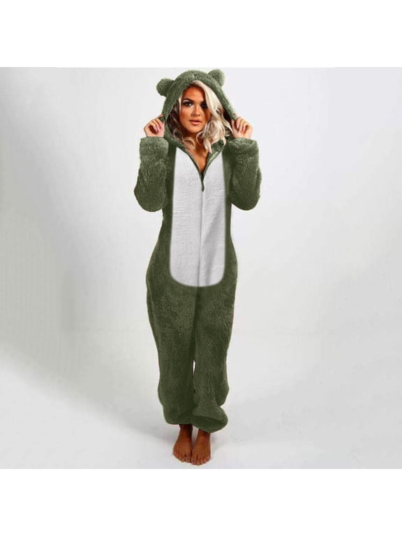 Fuzzy Outfits for Women Cute Bear Costume Onesie Sleepwear Long Sleeve Zip Up Rompers Jumpsuits Overalls Christmas Pajamas