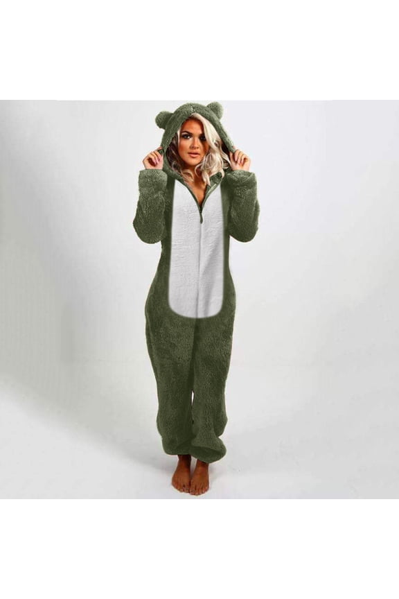 Fuzzy Outfits for Women Cute Bear Costume Onesie Sleepwear Long Sleeve Zip Up Rompers Jumpsuits Overalls Christmas Pajamas