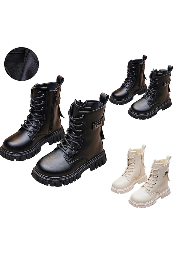 Girls Lace Up Riding Boots Mid Calf Combat Boots PU Leather Side Zipper Punk Goth Boot 4-11 Years
