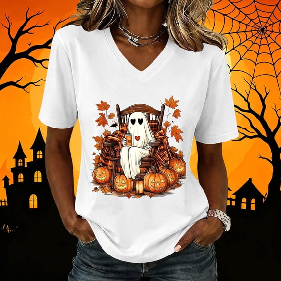 Jsaierl Halloween Shirts for Women Funny Ghost Print Tees Vintage Work V Neck T-Shirts Short Sleeve Holiday Blouse Tops Halloween Costumes,Sizes S-2XL