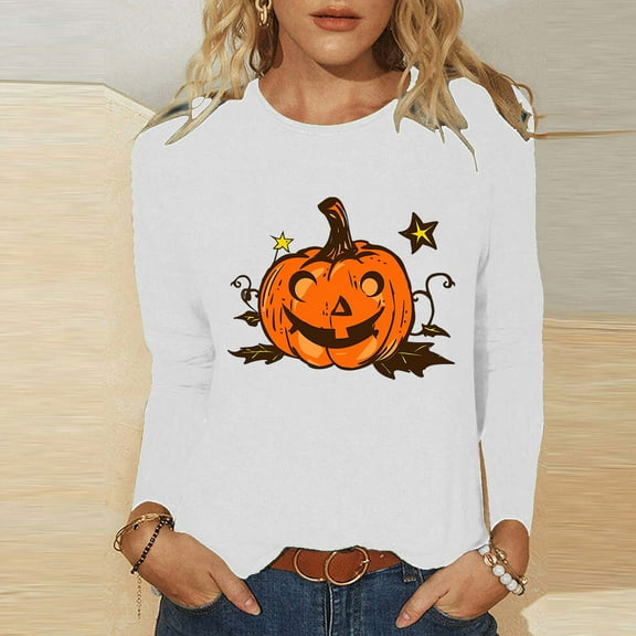 Jsaierl Halloween Shirts for Women Funny Pumpkin Ghost Graphic Tees Stretch Round Neck T-shirt Long Sleeve Dressy Casual Blouse Tops Halloween Clothes