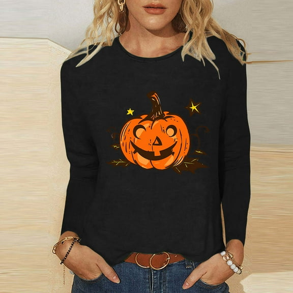 Jsaierl Halloween Shirts for Women Funny Pumpkin Ghost Graphic Tees Stretch Round Neck T-shirt Long Sleeve Dressy Casual Blouse Tops Halloween Clothes