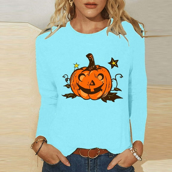 Jsaierl Halloween Shirts for Women Funny Pumpkin Ghost Graphic Tees Stretch Round Neck T-shirt Long Sleeve Dressy Casual Blouse Tops Halloween Clothes