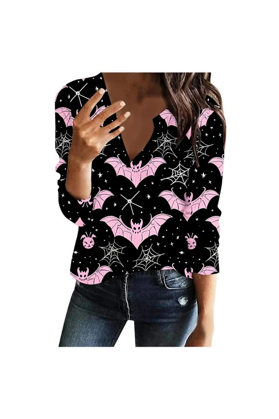Halloween Shirts Women Funny Pumpkin Ghost Graphic Tees Trendy V Neck T-shirt Long Sleeve Tunic Blouse Tops Halloween Gifts