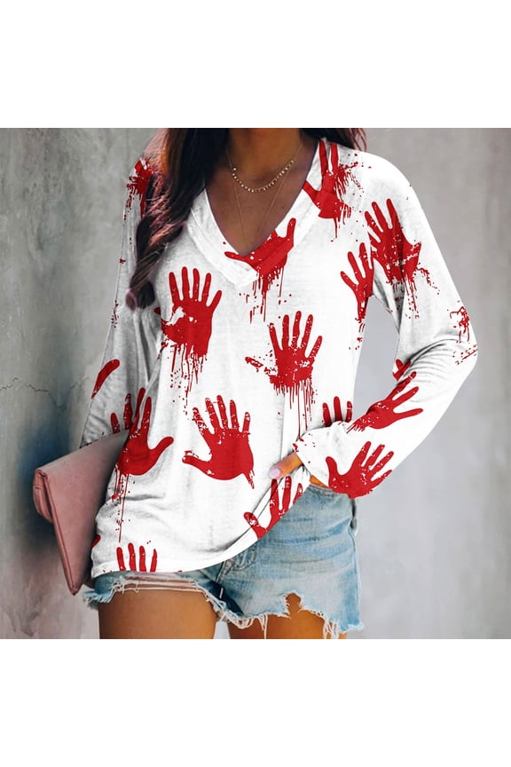 Halloween Shirts Women Funny Pumpkin Ghost Print Tees Loose Fit V-Neck T-shirt Long Sleeve Dressy Casual Blouse Tops Halloween Party Supplies
