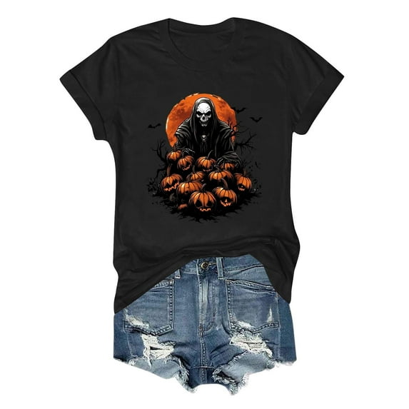 Jsaierl Halloween Shirts for Women Plus Size Pumpkin Ghost Graphic Tees Classic Crewneck T-shirt Short Sleeve Dressy Casual Blouse Tops Halloween Costumes