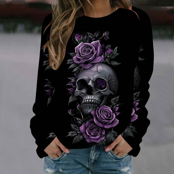 Jsaierl Halloween Shirts for Women Plus Size Pumpkin Ghost Graphic Tees Classic Round Neck T-shirt Long Sleeve Dressy Casual Blouse Tops Halloween Clothes