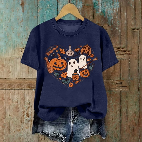 Jsaierl Halloween Shirts Women Plus Size Pumpkin Ghost Print Tees Stretch Round Neck T-shirt Short Sleeve Dressy Casual Blouse Tops Halloween Clothes