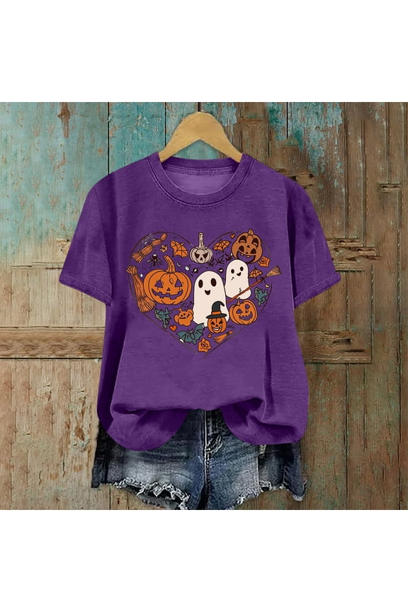 Halloween Shirts Women Plus Size Pumpkin Ghost Print Tees Stretch Round Neck T-shirt Short Sleeve Dressy Casual Blouse Tops Halloween Clothes