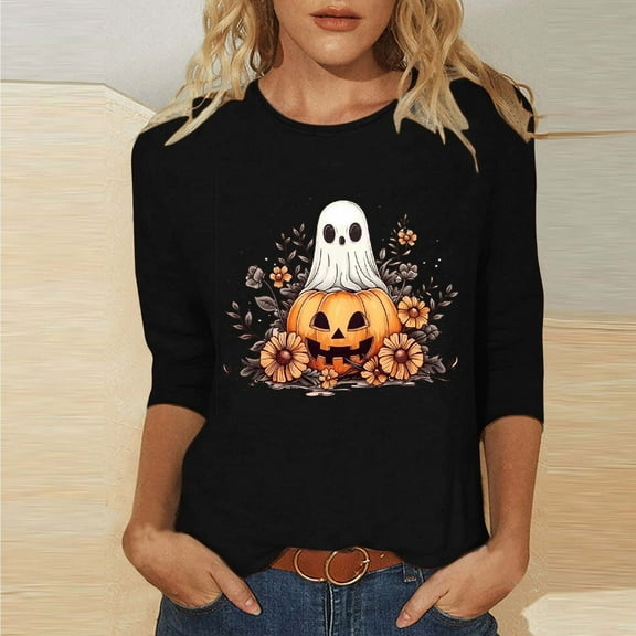 Jsaierl Halloween Shirts for Women Cute Pumpkin Ghost Graphic Tees Soft Round Neck T-shirt 3/4 Sleeve Dressy Casual Blouse Tops Halloween Gifts