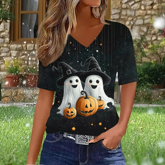 Jsaierl Halloween Shirts for Women Cute Pumpkin Ghost Graphic Tees Stretch V-Neck T-shirt Short Sleeve Holiday Blouse Tops Halloween Clothes