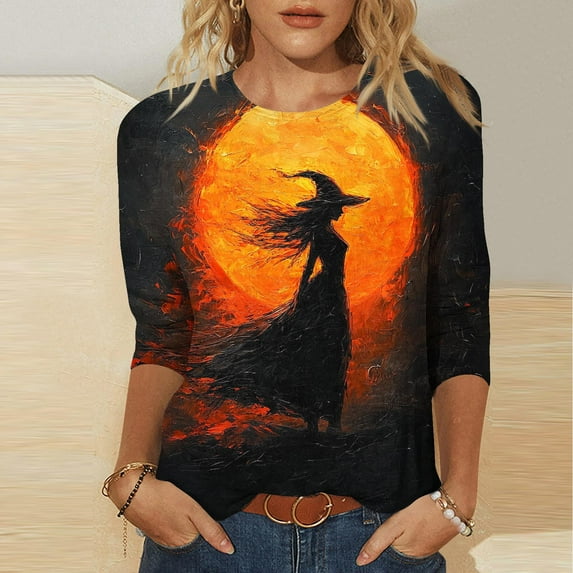 Jsaierl Halloween Shirts for Women Plus Size Pumpkin Ghost Graphic Tees Classic Crewneck T-shirt 3/4 Sleeve Dressy Casual Blouse Tops Halloween Gifts