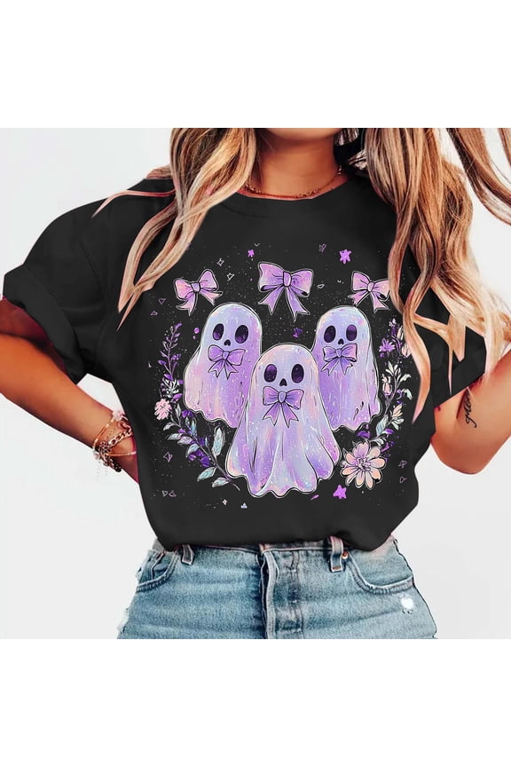 Halloween Shirts for Women Plus Size Pumpkin Ghost Graphic Tees Classic Round Neck T-shirt Short Sleeve Tunic Blouse Tops Halloween Gifts