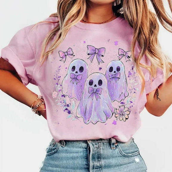 Jsaierl Halloween Shirts for Women Plus Size Pumpkin Ghost Graphic Tees Classic Round Neck T-shirt Short Sleeve Tunic Blouse Tops Halloween Gifts