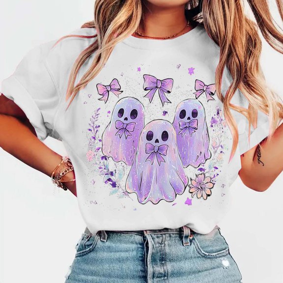 Jsaierl Halloween Shirts for Women Plus Size Pumpkin Ghost Graphic Tees Classic Round Neck T-shirt Short Sleeve Tunic Blouse Tops Halloween Gifts