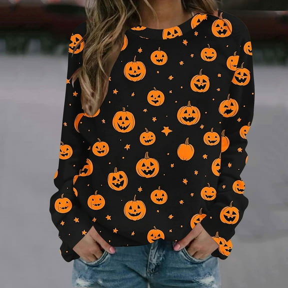 Jsaierl Halloween Shirts for Women Plus Size Pumpkin Ghost Graphic Tees Loose Fit Round Neck T-shirt Long Sleeve Tunic Blouse Tops Halloween Clothes
