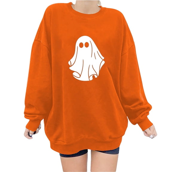 Jsaierl Halloween Sweatshirts for Women Cute Ghost Print Oversized Sweatshirts Crew Neck Loose Fit Pullover Tops Long Sleeve Fall Sweat Shirt Halloween Costumes