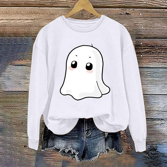 Jsaierl Halloween Sweatshirts Women Cute Pumpkin Ghost Graphic Sweatshirt Loose Fit Crewneck T-shirt Long Sleeve Holiday Pullover Tops Halloween Costumes
