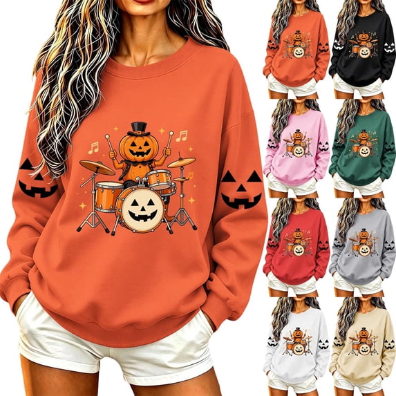 Jsaierl Halloween Sweatshirts for Women Funny Ghost Graphic Pullovers Fall Going Out Round Neck Long Sleeve Sweater Tops Halloween Costumes, Sizes XS-XL