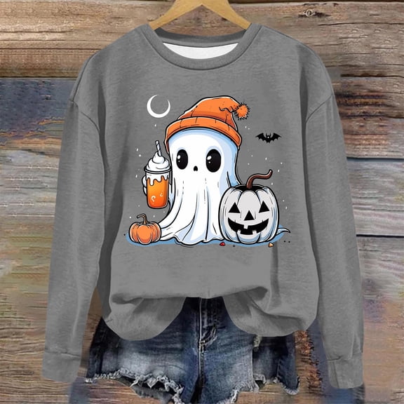 Jsaierl Halloween Sweatshirts for Women Funny Pumpkin Ghost Print Sweatshirt Stretch Round Neck T-shirt Long Sleeve Tunic Pullover Tops Halloween Clothes