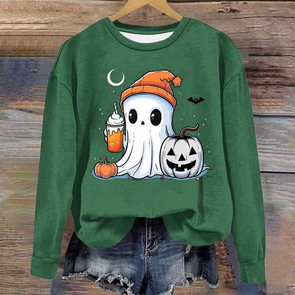 Jsaierl Halloween Sweatshirts for Women Funny Pumpkin Ghost Print Sweatshirt Stretch Round Neck T-shirt Long Sleeve Tunic Pullover Tops Halloween Clothes
