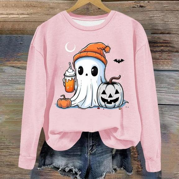 Jsaierl Halloween Sweatshirts for Women Funny Pumpkin Ghost Print Sweatshirt Stretch Round Neck T-shirt Long Sleeve Tunic Pullover Tops Halloween Clothes