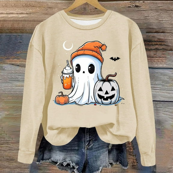 Jsaierl Halloween Sweatshirts for Women Funny Pumpkin Ghost Print Sweatshirt Stretch Round Neck T-shirt Long Sleeve Tunic Pullover Tops Halloween Clothes